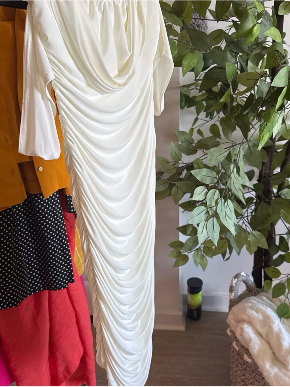 White Draped Ruched Midi Dress